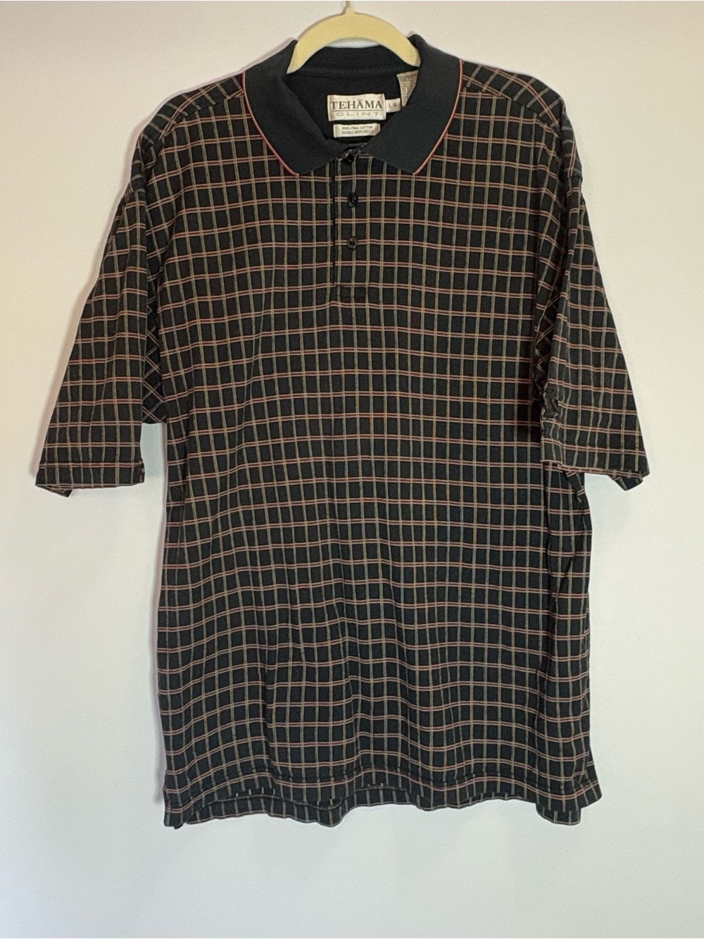 TEHAMA Black Polo with Brown Windowpane Grid